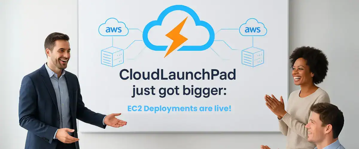 Promotional banner announcing "CloudLaunchPad just got bigger: EC2 Deployments are live!" featuring cloud and AWS infrastructure icons on a presentation screen, while a group of professionals celebrates and applauds the launch of the new EC2 deployment capability.